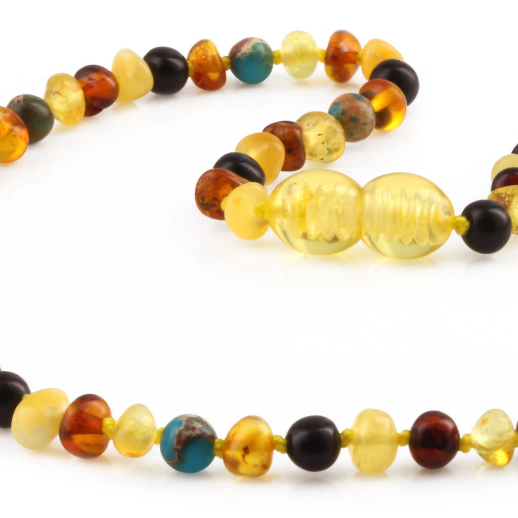 Baltic Amber Teething Necklace with Lake Blue Imperial Jasper. Baroque 4mm - LE474-S