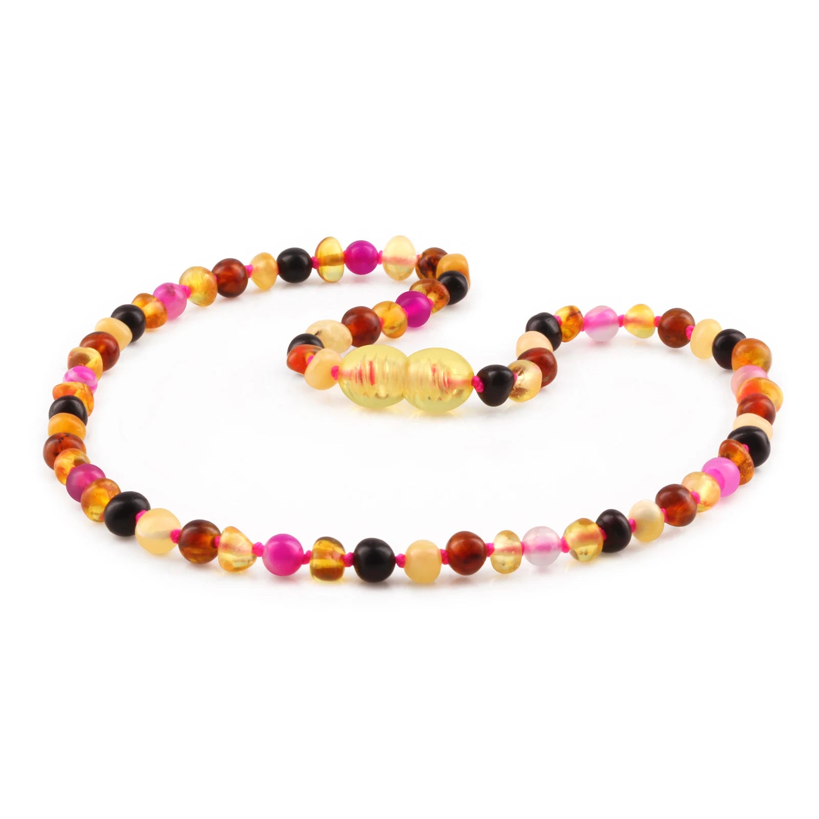 Baltic Amber Teething Necklace with Pink Lace Agate. Baroque 4mm - LE559