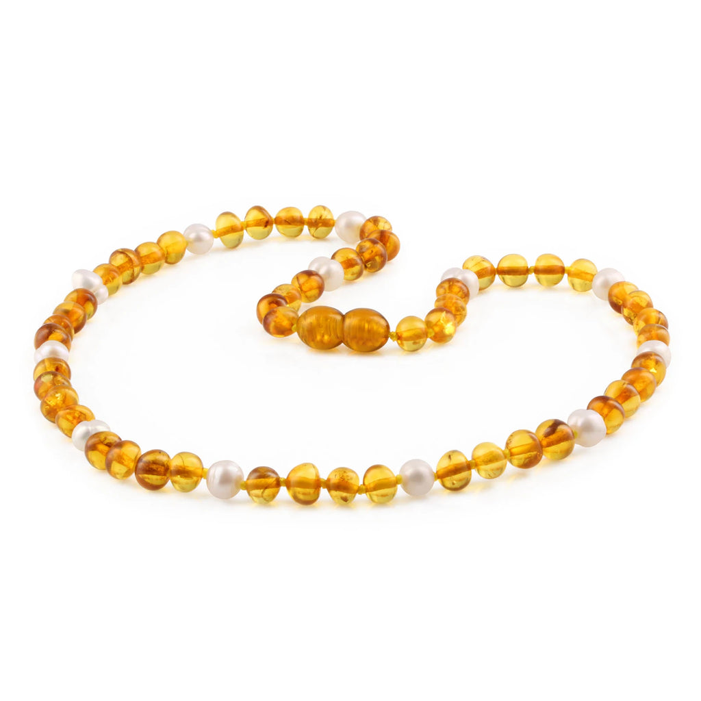 Natural Baltic Amber Adult Necklace with Freshwater Pearl. Baroque 6mm - P1