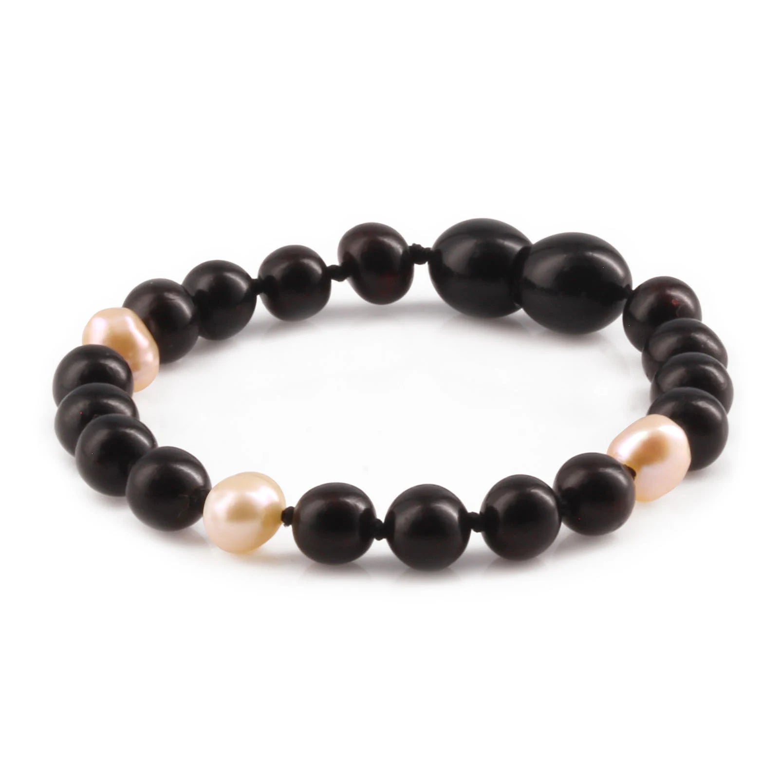 Baltic Amber Teething Bracelet with Freshwater Pearl. Baroque 6mm - P3