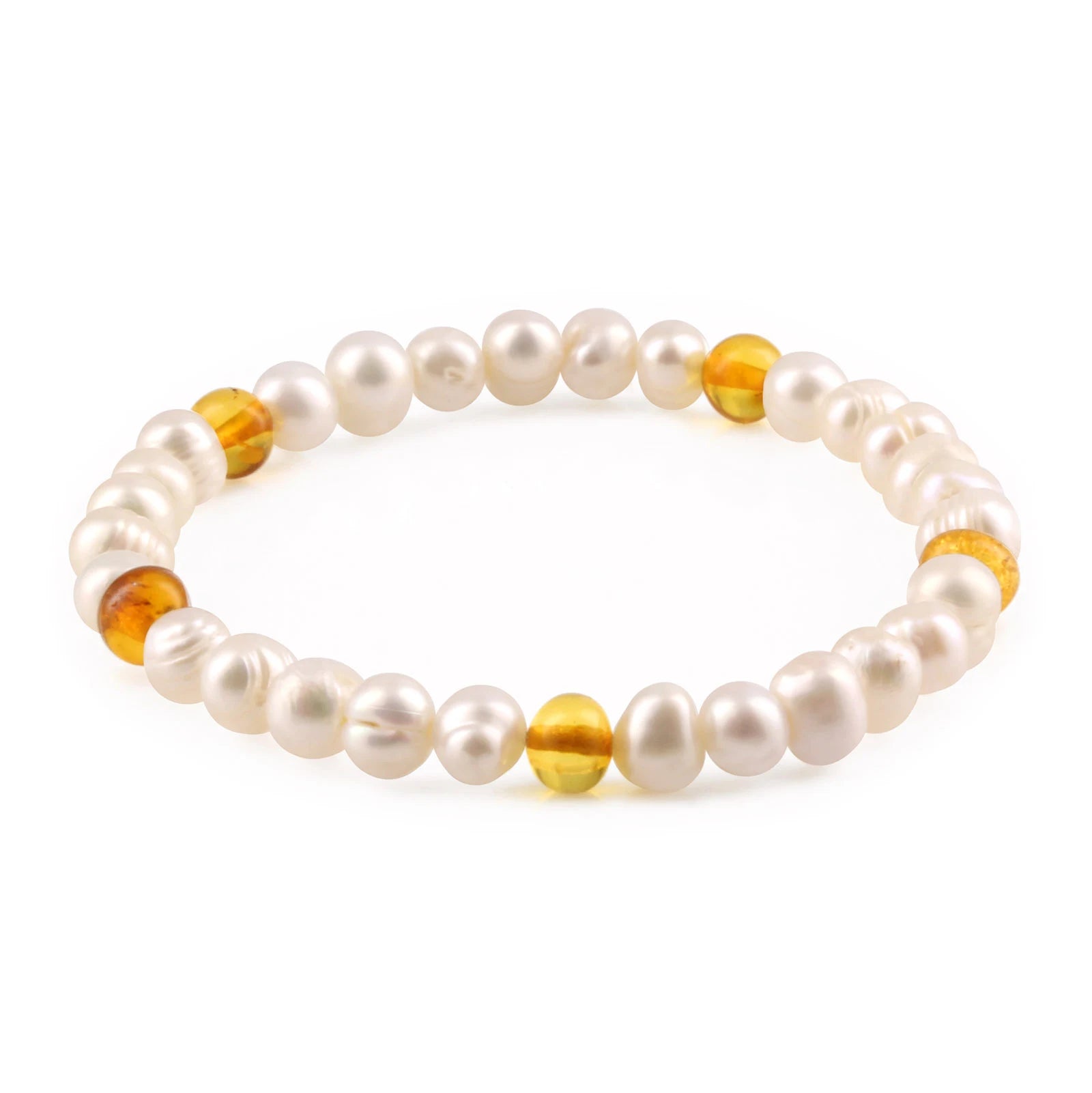 White Freshwater Pearl Adult Bracelet with Baltic Amber 6mm - P2