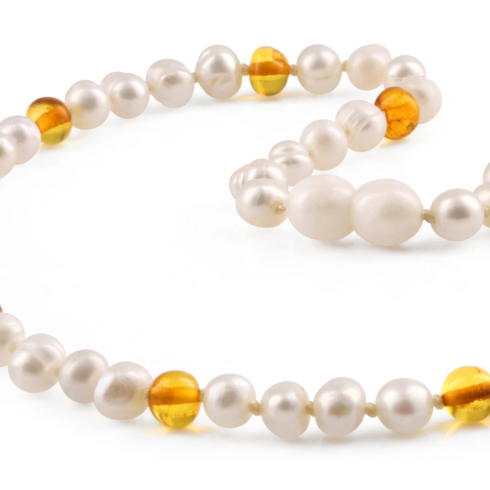 White Freshwater Pearl Junior Necklace with Baltic Amber 6mm - P2