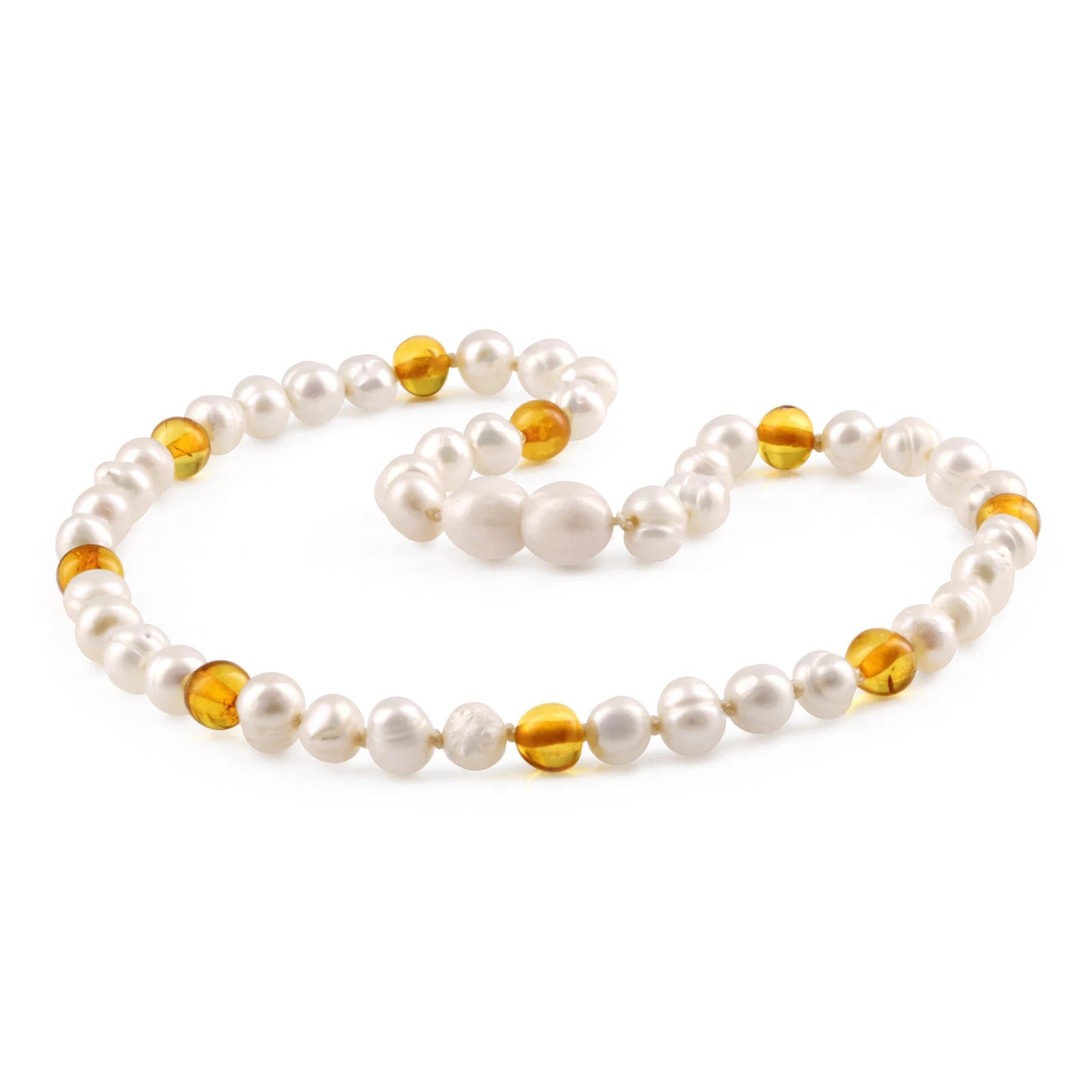 White Freshwater Pearl Kids Necklace with Baltic Amber 6mm - P2