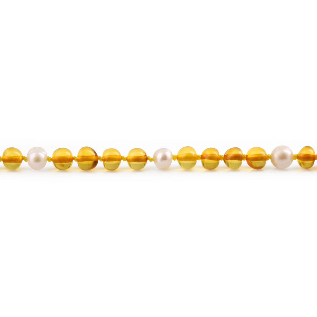 Baltic Amber Teething Necklace with Freshwater Pearl. Baroque 6mm - P1