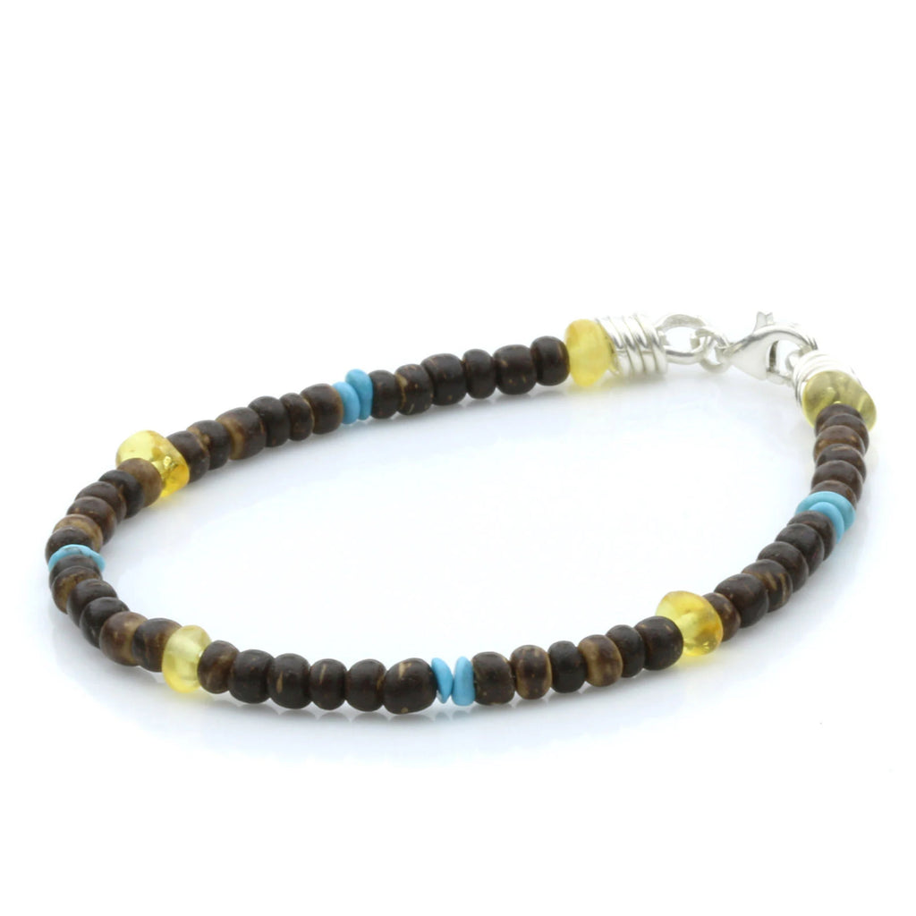 NATURAL BALTIC AMBER WOOD TURQUOISE 925 STERLING SILVER BRACELET. SPT04