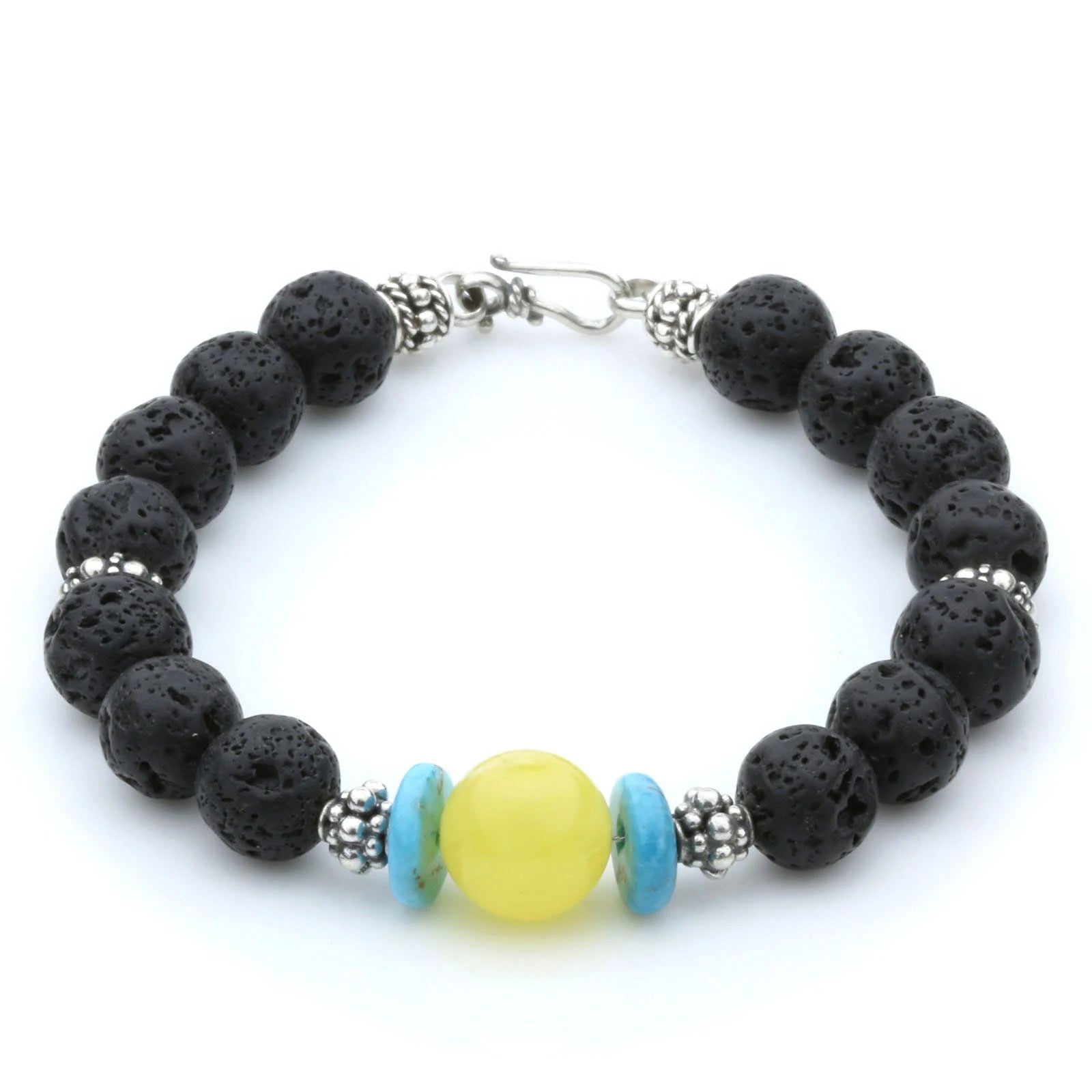 NATURAL BALTIC AMBER LAVA STONE & TURQUOISE 925 STERLING SILVER BRACELET. SPT12