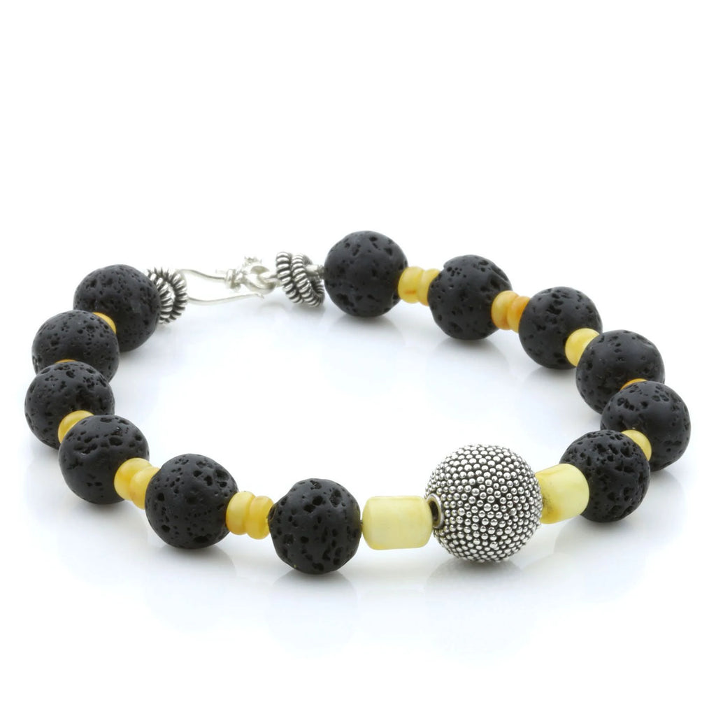 NATURAL BALTIC AMBER LAVA STONE 925 STERLING SILVER BRACELET. SPT14