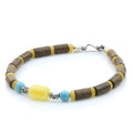 Milky yellow Baltic amber adult bracelet with turquoise, wood and sterling silver, 22cm