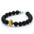 Yellow and black Baltic amber adult bracelet with lava stone and sterling silver, 21cm