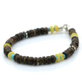 Milky yellow Baltic amber adult bracelet with turquoise, wood and sterling silver, 18cm