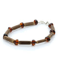 Yellow Baltic amber adult bracelet with wood and sterling silver, 18cm