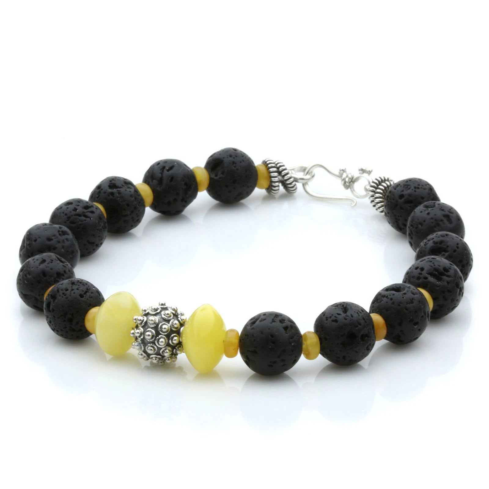 NATURAL BALTIC AMBER LAVA STONE 925 STERLING SILVER BRACELET. SPT30