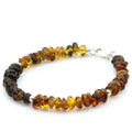 Rainbow Baltic amber round flat adult bracelet with sterling silver, 18cm