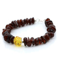 Dark cognac Baltic amber round flat adult bracelet with sterling silver, 18cm