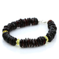 Yellow and black Baltic amber round flat adult bracelet with sterling silver, 18cm