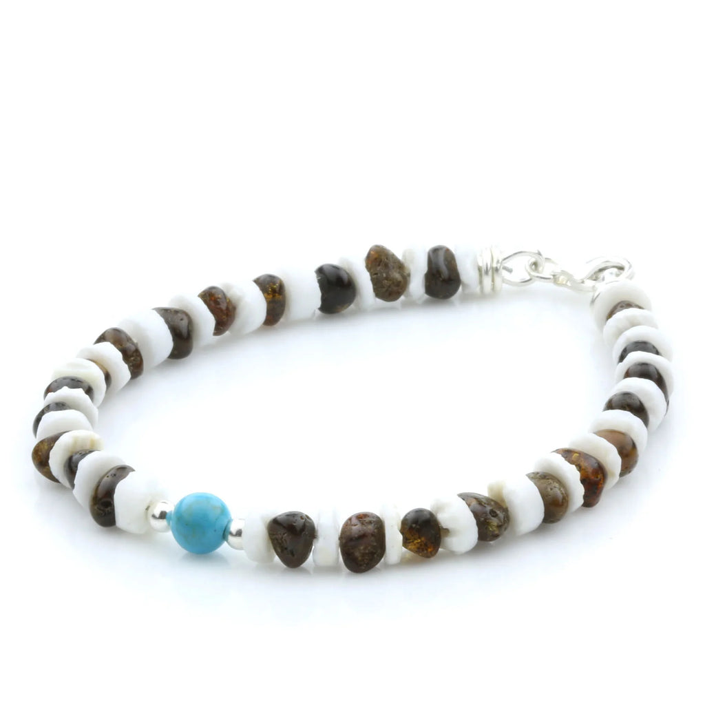 BALTIC AMBER, LITOB SHELL & TURQUOISE 925 STERLING SILVER BRACELET. SPT45