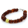 Cognac Baltic amber round flat adult bracelet with sterling silver, 18cm