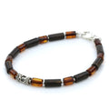 Dark cognac Baltic amber cylinder adult bracelet with wood and sterling silver, 21cm