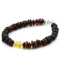 Dark cognac Baltic amber round flat adult bracelet with sterling silver, 18cm