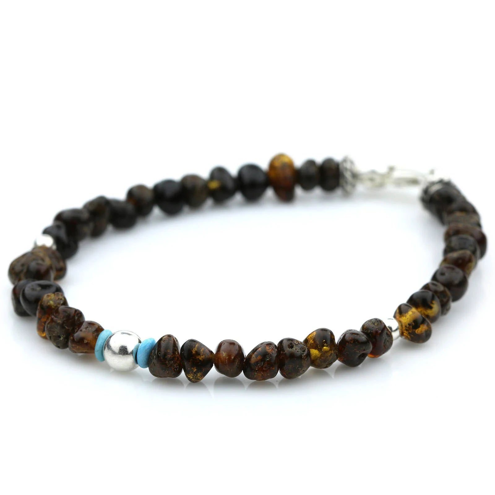 NATURAL BALTIC AMBER TURQUOISE 925 STERLING SILVER BRACELET. SPT94