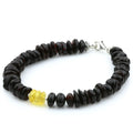 Yellow and black Baltic amber round flat adult bracelet with sterling silver, 18cm