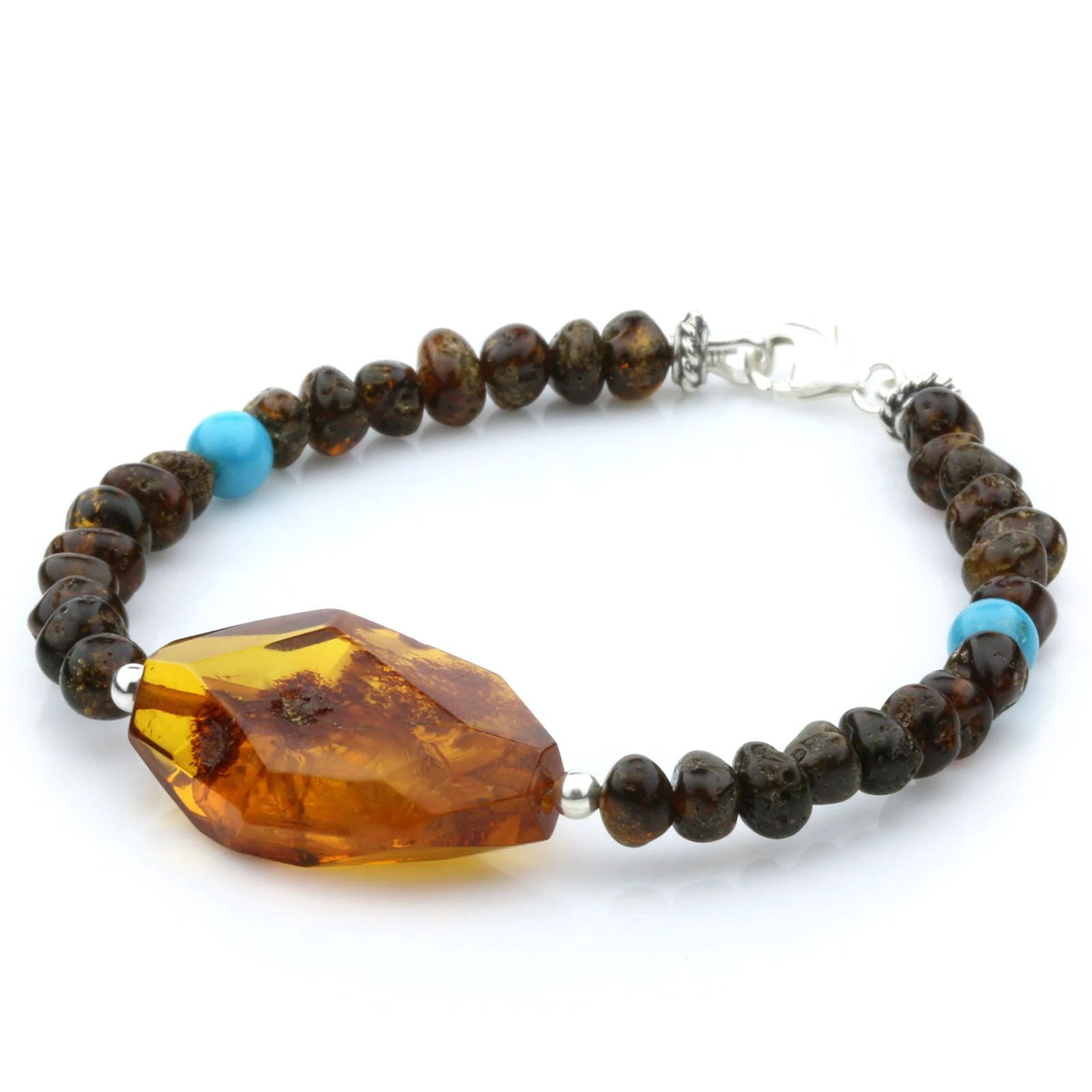 Adult Baltic Amber Shell Turquoise 925 Sterling Silver Bracelet. OCT06