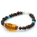 Dark cognac Baltic amber baroque adult bracelet with turquoise and sterling silver, 18cm