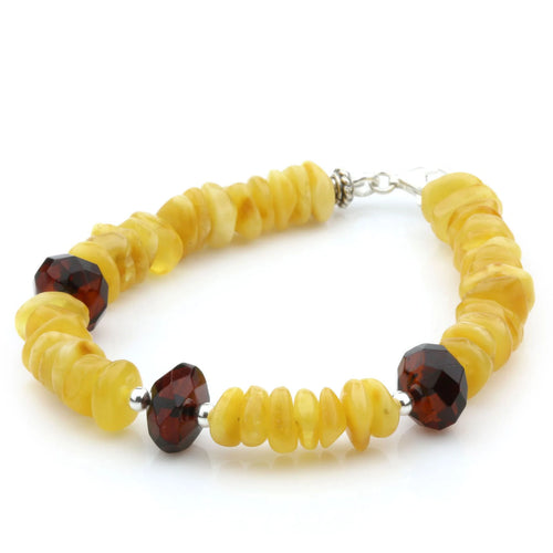 Yellow Baltic amber round flat adult bracelet with sterling silver, 18cm