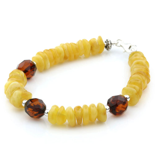 Yellow Baltic amber round flat adult bracelet with sterling silver, 18cm