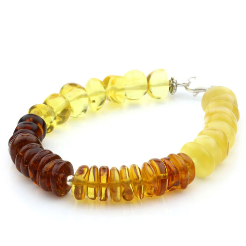 Yellow and multicolour Baltic amber round flat adult bracelet with sterling silver, 18cm
