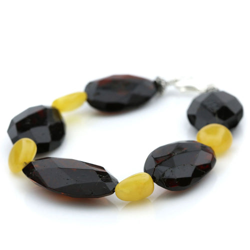 Dark cognac Baltic amber olive adult bracelet with sterling silver, 19cm