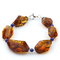 Cognac Baltic amber adult bracelet with lapis lazuli and sterling silver, 19cm