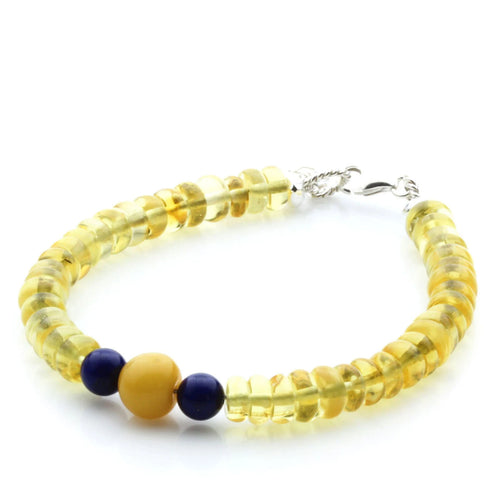 Yellow Baltic amber adult bracelet with lapis lazuli and sterling silver, 19cm