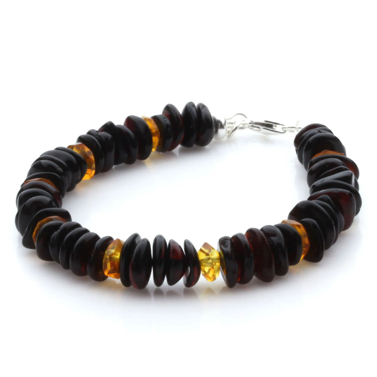 Yellow and black Baltic amber adult bracelet with sterling silver, 18cm