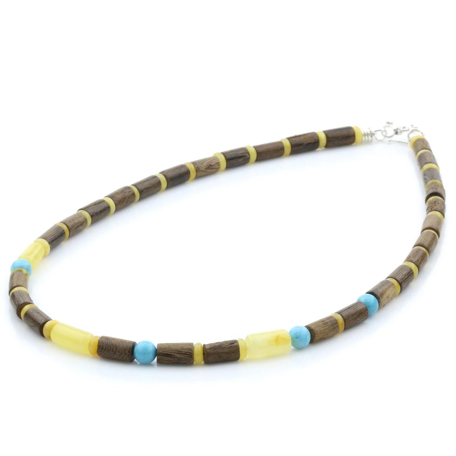 ADULT BALTIC AMBER WOOD TURQUOISE 925 STERLING SILVER NECKLACE. SPT47