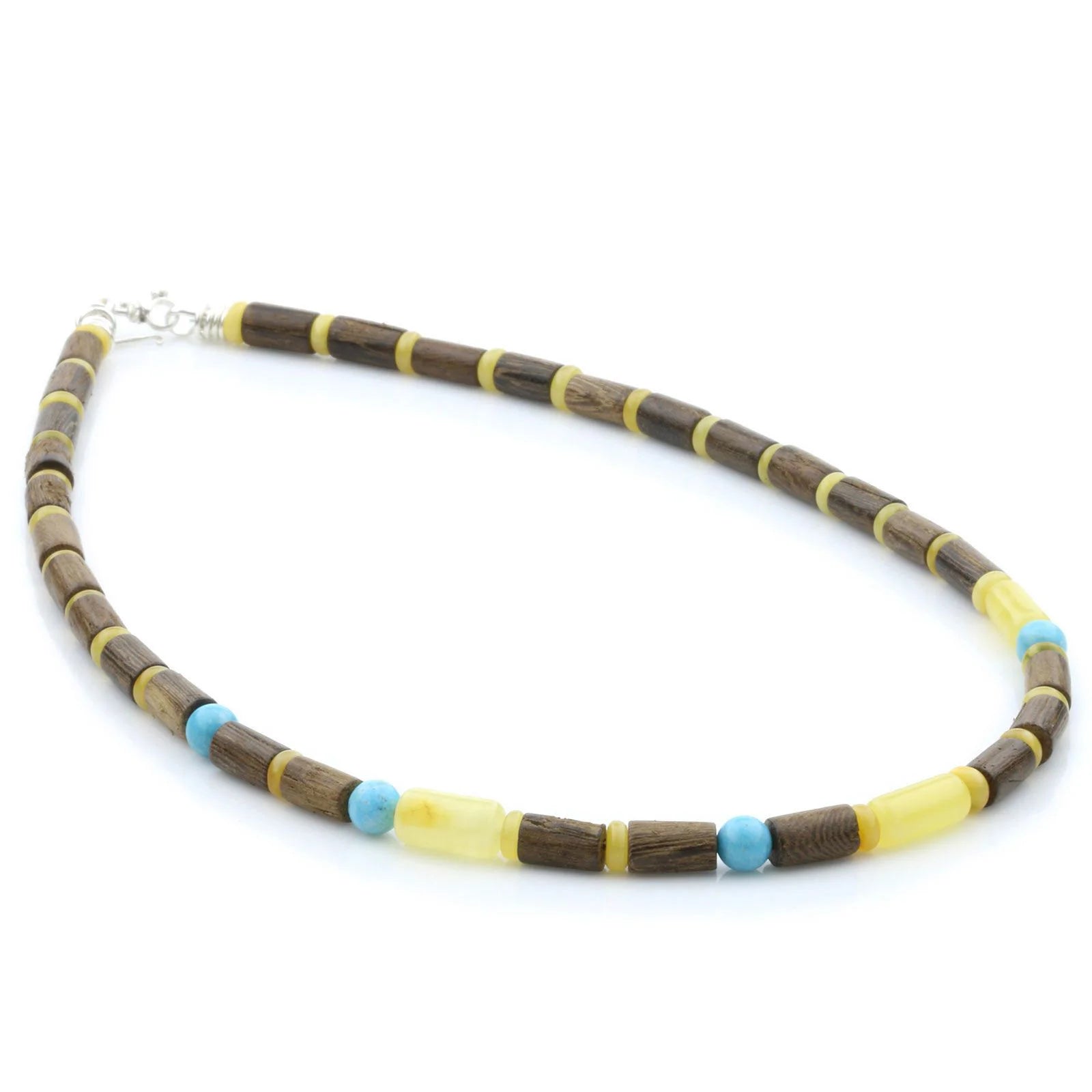ADULT BALTIC AMBER WOOD TURQUOISE 925 STERLING SILVER NECKLACE. SPT47