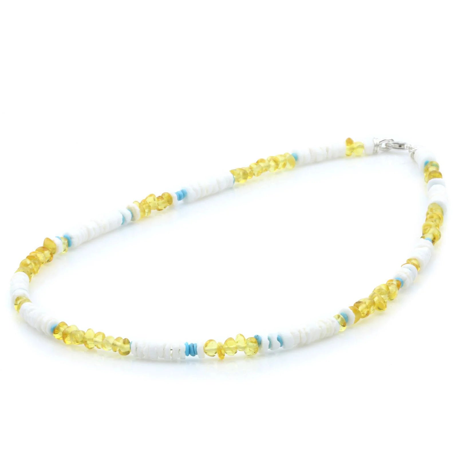 ADULT BALTIC AMBER SHELL TURQUOISE 925 STERLING SILVER NECKLACE. SPT81