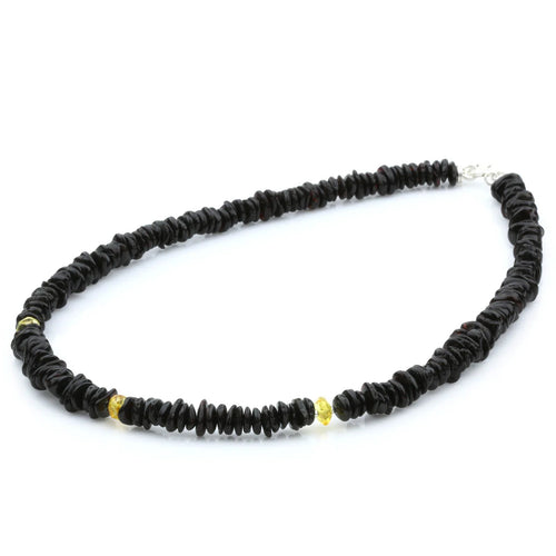 Black Baltic amber round flat adult necklace with sterling silver, 45cm