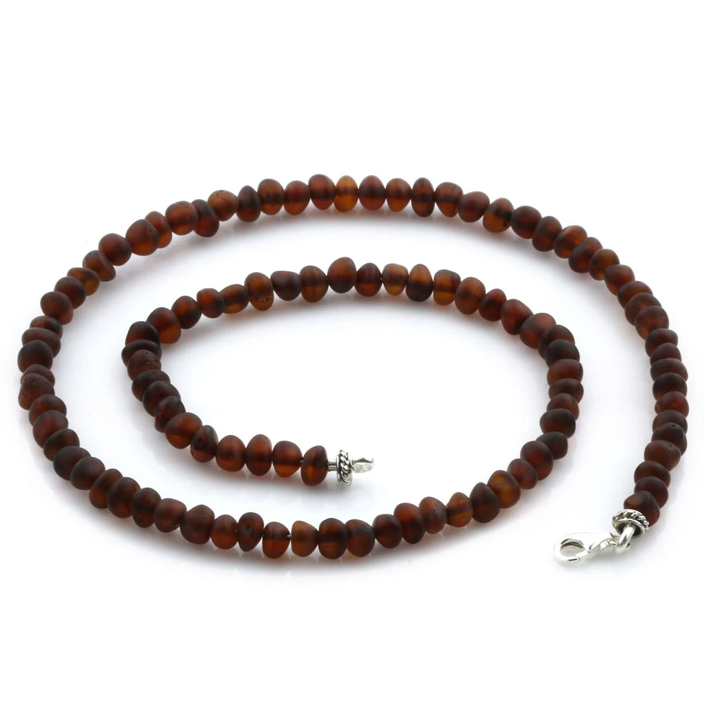 Adult Baltic Amber & 925 Sterling Silver Clasp Necklace 45cm. Ba Dark Cognac Matte s.